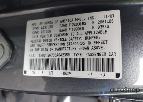 2008 Honda Accord 2.4 Ex z USA, uszkodzony, nr VIN 1HGCP26708A042359